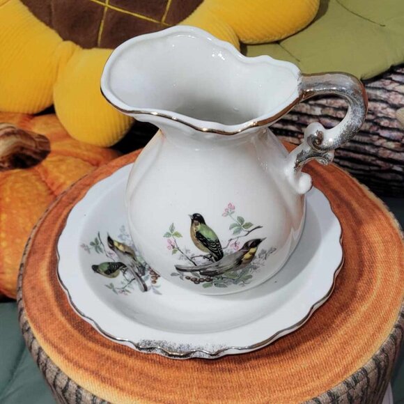 Vintage Japan Porcelain Small Basin & Pitcher with Birds Home Decor - Picture 3 of 8
